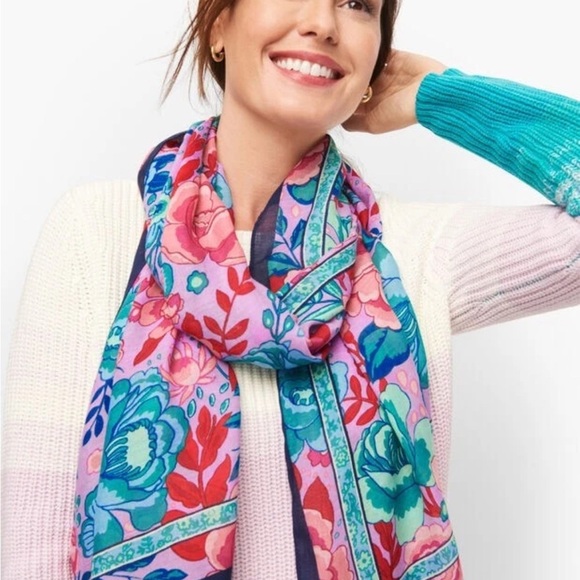 Talbots Teal and Navy Lavender Pink Red  Sketch Blooms Scarf Oblong - Picture 3 of 6